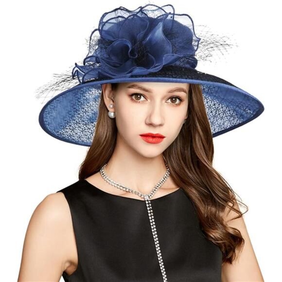Derby Hats for Women, Classy Organza Sun Hat, Navy Blue main image 6